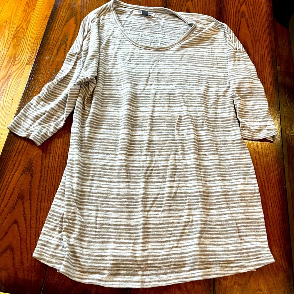 Beige and white striped maternity sweater dress